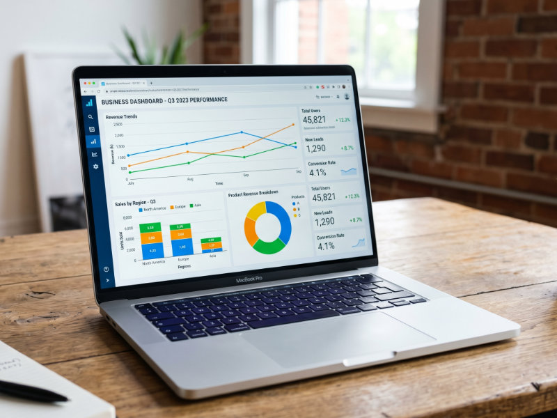 An AI generated image showing several marketing KPIs on a laptop.