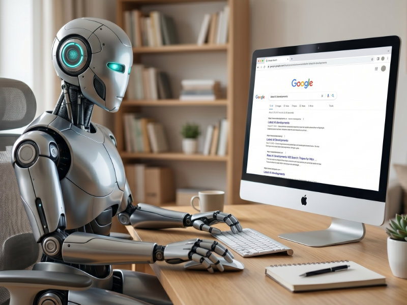 An AI generated image showing a robot carrying out a search on Google.