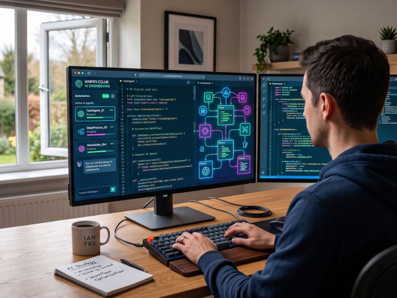 An AI generated image showing a man using a dual computer.