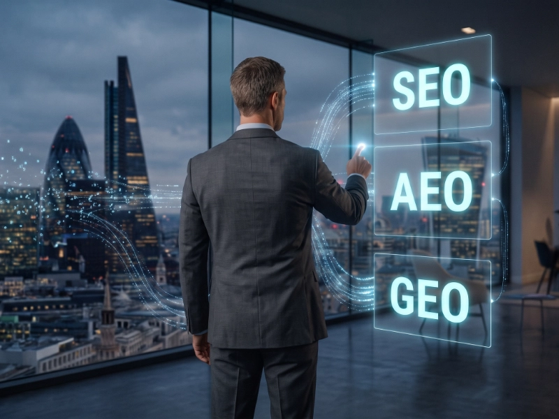 An AI generated image showing a man pointing to the acronyms SEO, AEO, GEO.